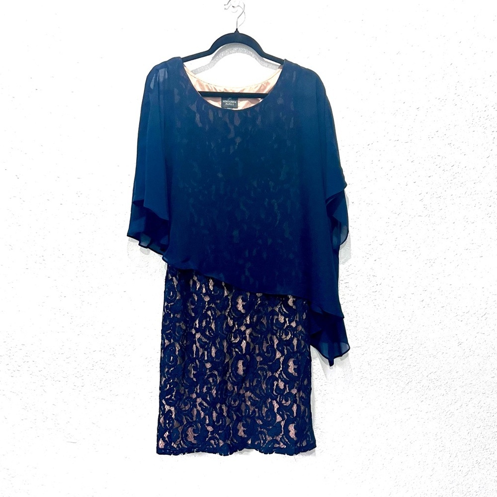 Adrianna‎ Papell navy blue asymetrical overlay draped Dress 12